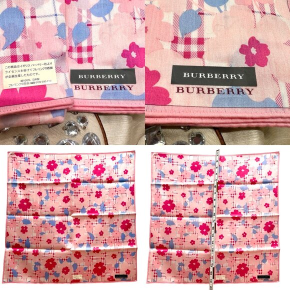 New Burberry Miniscarf/handkerchief 19. 5"cotton/silkpink blue floral check (32) - Picture 3 of 12